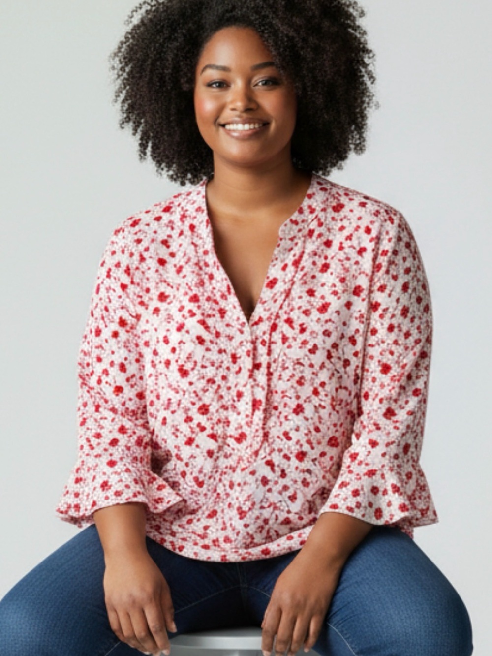 Counterparts Floral Print Blouse White/Pink  3/4 Flutter Sleeve Women’s Size XL